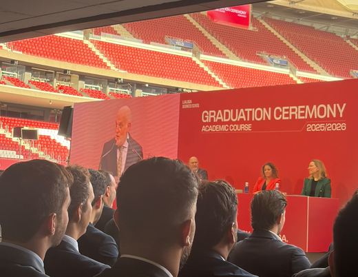 Graduates seated in front of the stage during the LaLiga Business School graduation ceremony, academic course 2025/2026