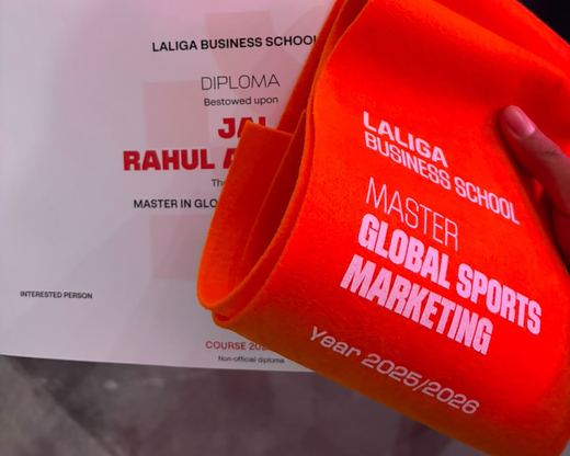The diploma and an orange LaLiga Business School stole reading Master Global Sports Marketing, Year 2025/2026
